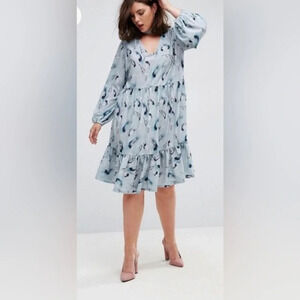 Lost Ink Light Blue Feather Print Balloon Sleeve Dress  Plus Size US 16 NWT